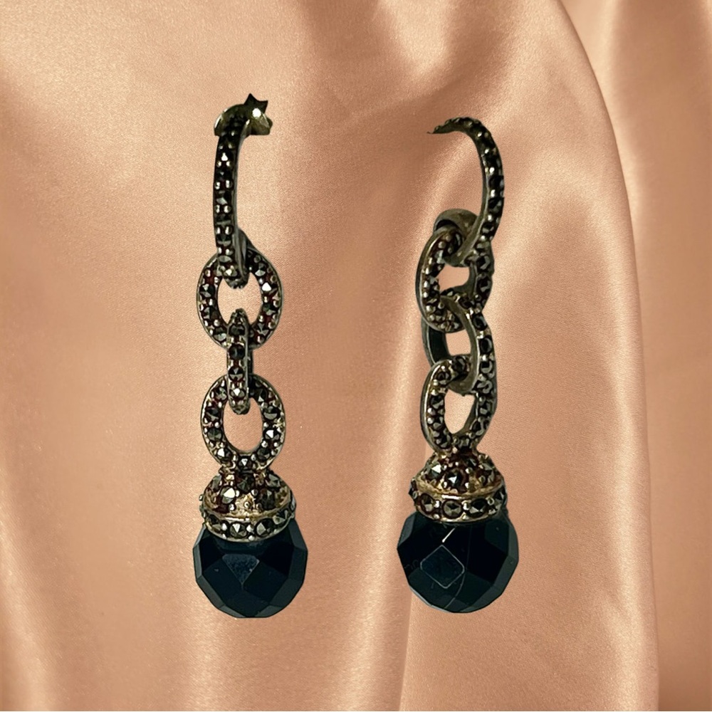 Sterling Silver Smoky Quartz Dangles w/ Marcasite Accents 1 5/8”.